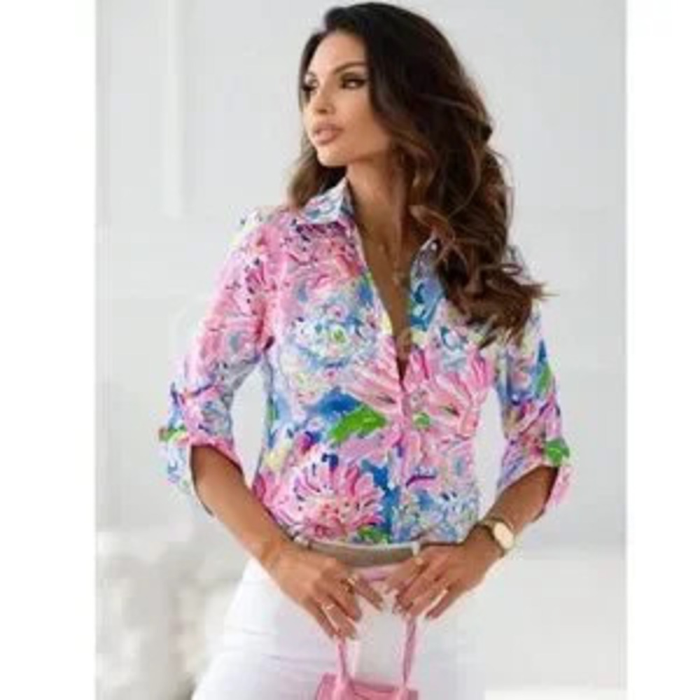 Floral Print Button Down Shirt Top Long Sleeve Collared Pink Blue Multicolor - Picture 3 of 5